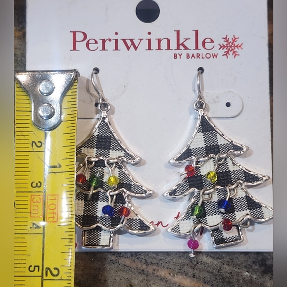 Periwinkle by Barlow Black and White Plaid Christmas Tree Holiday Earrings Hook - Picture 5 of 5